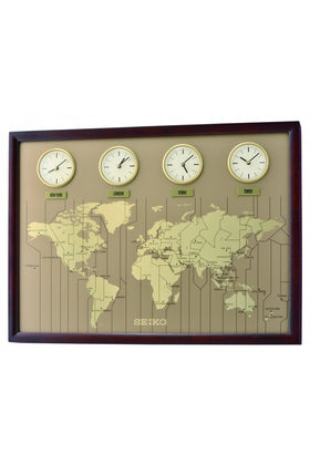 Seiko World Time Quartz Battery Wooden Wall Clock - Dark Wood - QXA722B