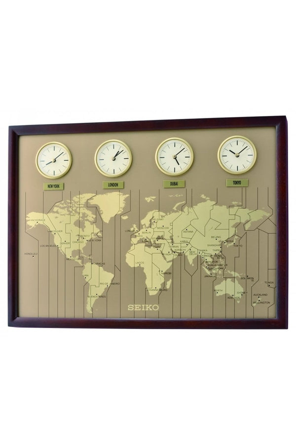 Seiko World Time Quartz Battery Wooden Wall Clock - Dark Wood - QXA722B