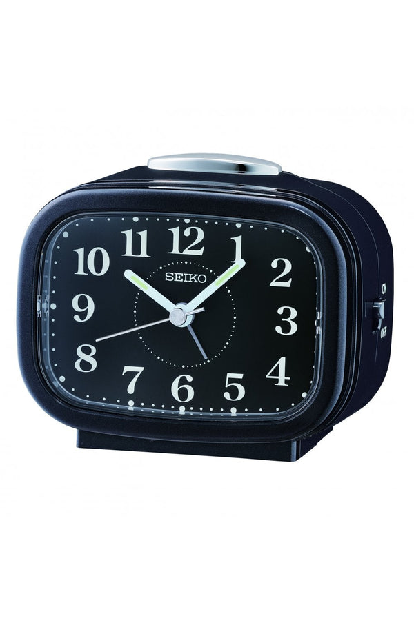 Seiko Black Bedside Bell Alarm Clock with Light & Snooze 10cm QHK060J
