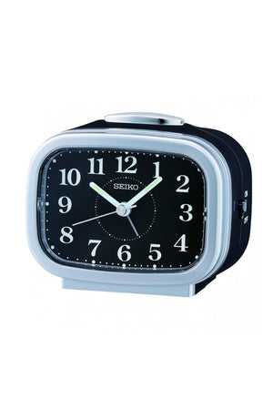 Seiko Black Bedside Bell Alarm Clock with Light & Snooze 10cm QHK060A